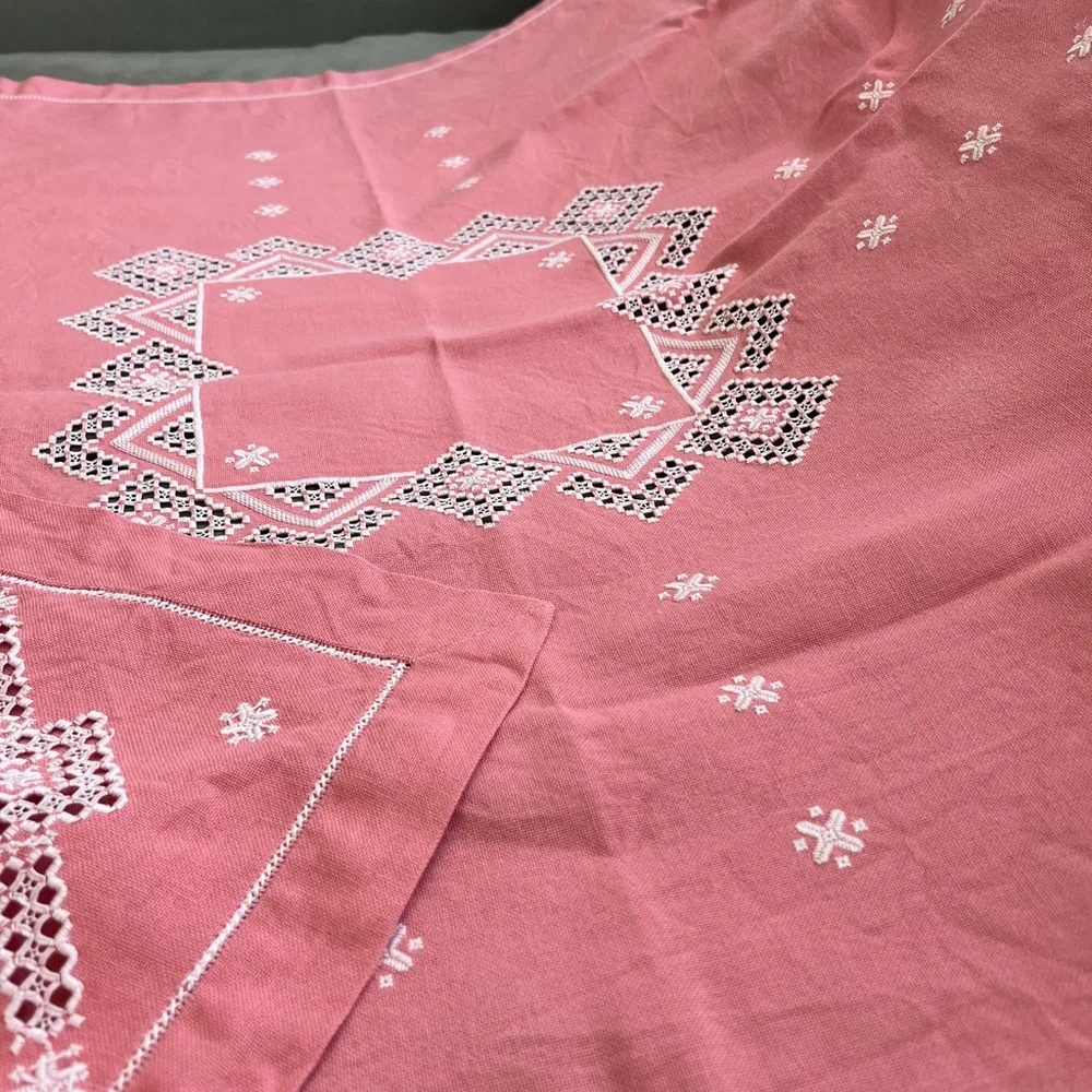 Vintage Pink White Hardanger Norwegian Embroidery 46” square cotton tablecloth